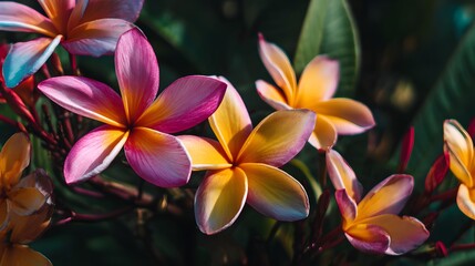 Fototapeta premium Close-up of vibrant plumeria blossoms.