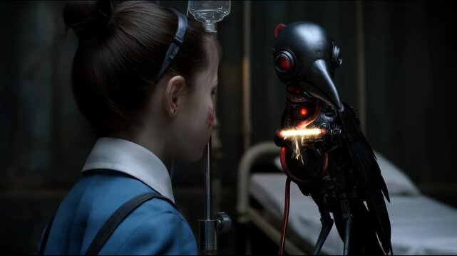 A girl in a medical uniform with a bandage on her cheek stands face to face with a mechanical crow with glowing red eyes