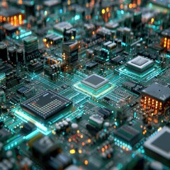 Close-up view of a complex circuit board, showcasing intricate components and glowing lines