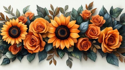 Autumn floral arrangement, orange roses and sunflowers