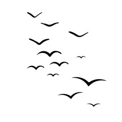 Flying birds silhouette illustration. Group of birds in flight isolated on white background, simple black vector design.

