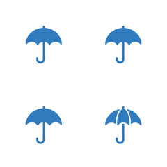 Four blue umbrella icons in different styles on a white background