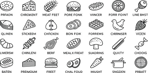 Collection of Hand Drawn Food Icons Representing Various Dishes and Ingredients for Menu Design and Culinary Concepts