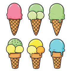 Colorful cartoon ice cream cones with different flavors and toppings