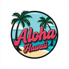 Naklejka premium Aloha Tropical Beach Logo Design,Hawaii Palm Tree Sunset Vector,Summer Vacation Retro Badge,Island Paradise Travel Emblem,Beach Adventure Vintage Illustration,Tropical Coastline Graphic Design
