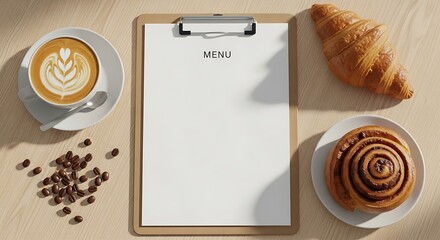 Artistic rendering of a cafe table, showcasing coffee, pastry, and a blank menu for customization
