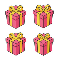 Four pink gift boxes with yellow ribbons and bows on white background