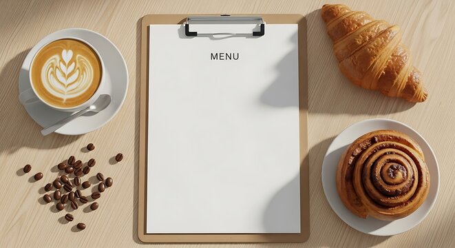 Artistic rendering of a cafe table, showcasing coffee, pastry, and a blank menu for customization