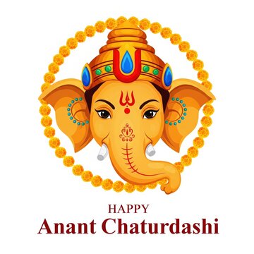 Ganesha face with floral garland and Happy Anant Chaturdashi text Lord Ganesha Elephant God
