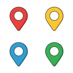 Colorful map pin icons in red yellow blue and green on white background