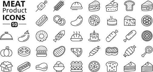 Meat and Food Product Icons Black and White Vector Set for Restaurant Menus and Culinary Designs Featuring Diverse Dishes