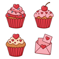 Colorful cupcakes with hearts and an envelope with love letters inside