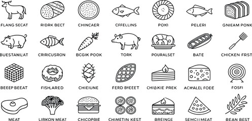Diverse Collection of Stylized Food Icons Featuring Animal Products and More Black and White Illustration