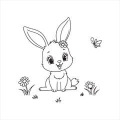 Cute Bunny Coloring Page for Kids,Cartoon Rabbit Outline for Coloring Book,Adorable Baby Bunny Line Art Drawing,Spring Bunny with Flowers Coloring Sheet,Happy Bunny in Garden Vector Illustration