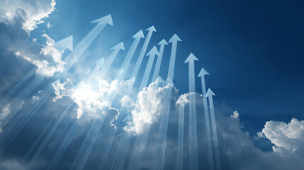 Financial chart showing upward growth on an abstract blue background with arrows and clouds