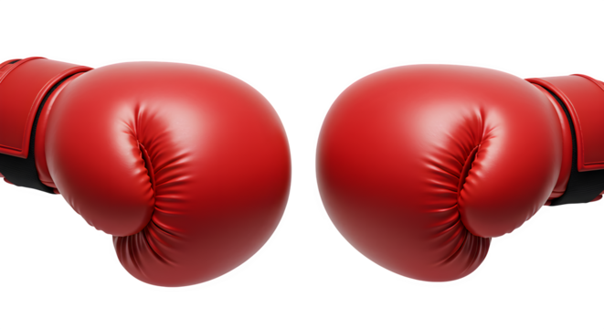 Red boxing gloves gleam against black. Two gloves meet. Suitable for posters, sports branding, ads. - Powered by Adobe