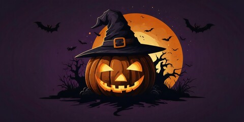 Fototapeta premium Spooky jack o lantern with witch hat and full moon