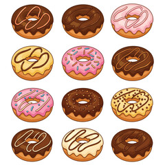 Assorted donuts with various toppings and frostings on a white background