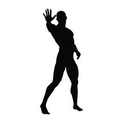 Silhouette vector of a powerful, muscular man in a dynamic pose, with one hand raised as if to stop or signal.