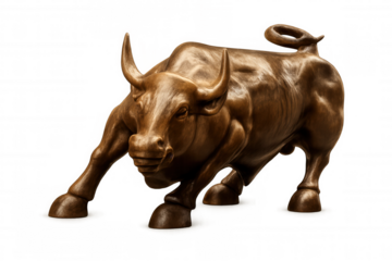 Bronze bull statue dynamically charging, symbolizing strength, power against transparent backdrop