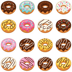 Assorted donuts with various toppings and frostings on a white background