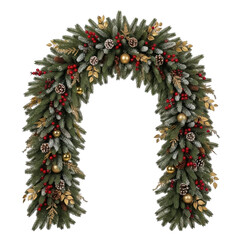 Festive christmas garland with pinecones, red berries, and gold ornaments, isolated on transparent background