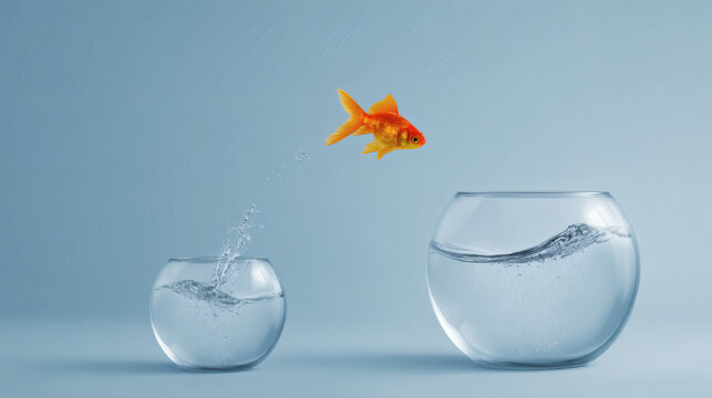 A golden goldfish leaps from its confining fishbowl into the bigger aquarium, a daring jump for bigger opportunity