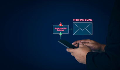 Suspicious Email Link Detected, Cybersecurity Warning, digital warning interface, phishing email and a suspicious link detection alert. Concept for cybersecurity, email threats, phishing prevention