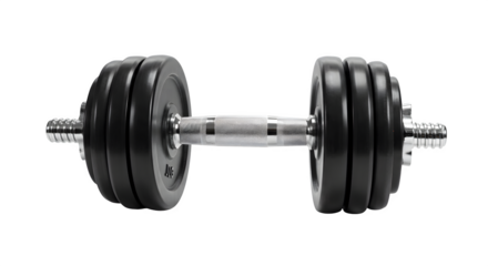 Black and silver dumbbell with chrome handle gleams against a dark backdrop, ideal for fitness product photography, gym posters, or branding.