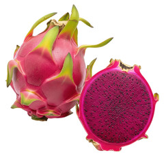 Vibrant pink dragon fruit, also known as pitaya, sliced in half to reveal its dark magenta flesh speckled with tiny black seeds, isolated on a transparent background