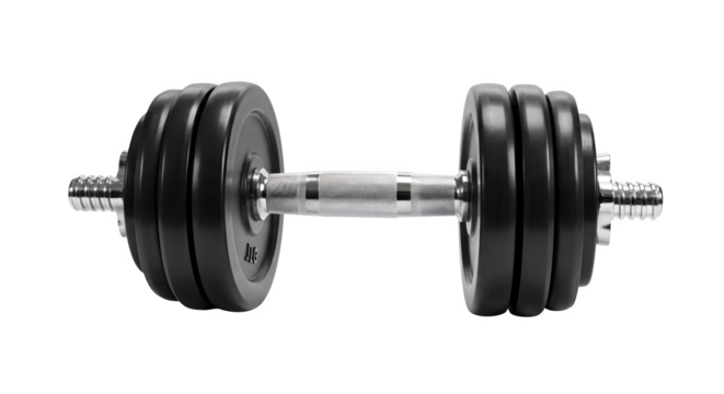 Black and silver dumbbell with chrome handle gleams against a dark backdrop, ideal for fitness product photography, gym posters, or branding. - Powered by Adobe