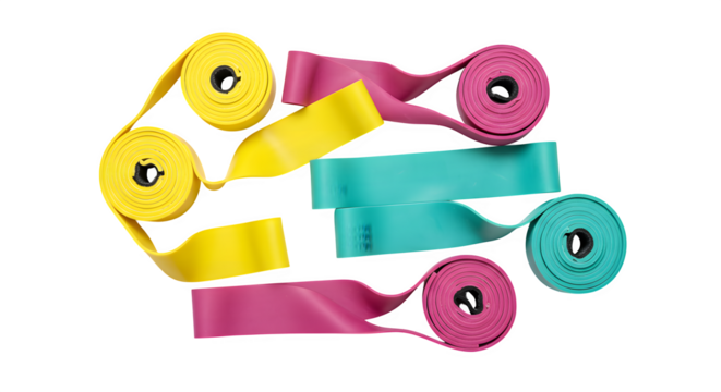 Colorful, textured bands roll on black. Good for fitness equipment sales, product staging, or social media design.
