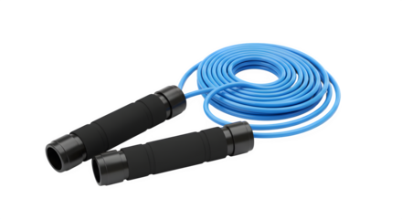 Blue jump rope with black handles on black background. Use for fitness product photography, exercise brand mockup, gym poster.