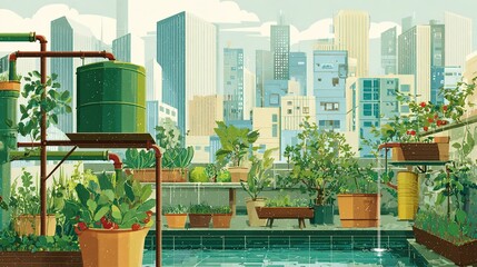 Green environmental protection theme, urban rooftop garden with various vegetables, rainwater pipes connected to collection buckets, background is tall buildings