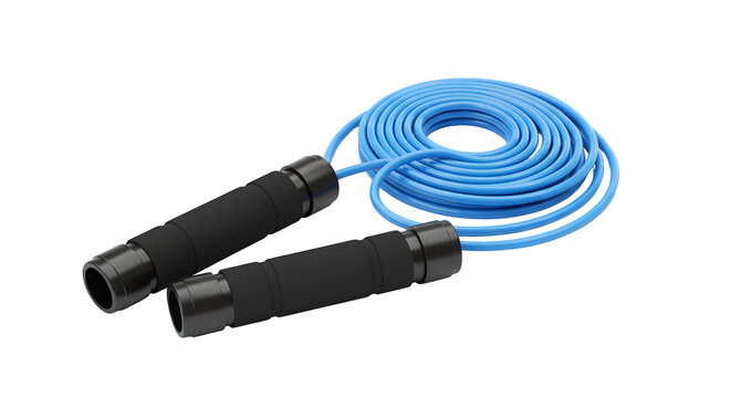Blue jump rope with black handles on black background. Use for fitness product photography, exercise brand mockup, gym poster.