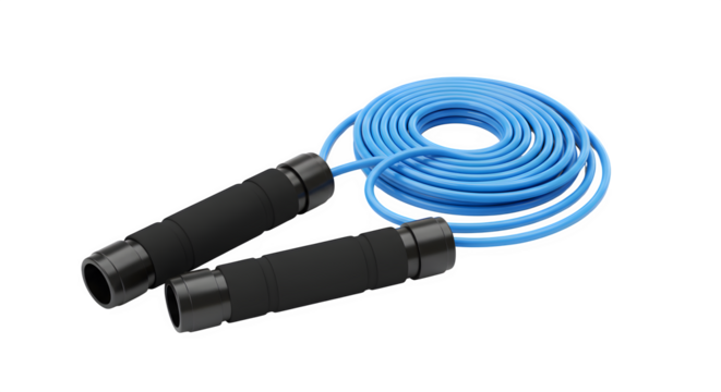 Blue jump rope with black handles on black background. Use for fitness product photography, exercise brand mockup, gym poster.