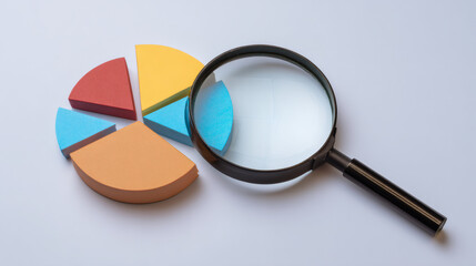 A glass lens magnifier is a useful tool for exploration, discovery, and detailed searching with graphic pie chart, a market demographic research, financial revenue report