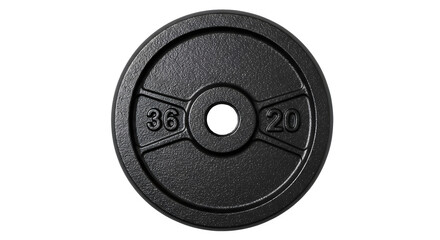 Black textured weight plate features even studio lighting. Fitness branding, workout posters.