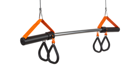 Fitness equipment isolated on black. A steel pull up bar with orange straps and black handles. Perfect for gym posters, product photography.