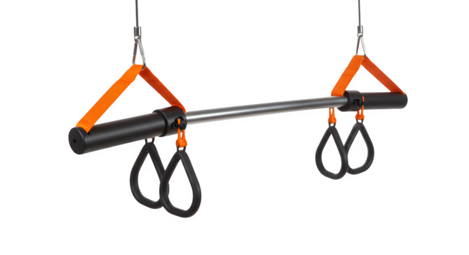 Fitness equipment isolated on black. A steel pull up bar with orange straps and black handles. Perfect for gym posters, product photography.