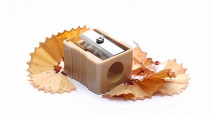A pencil sharpener with shavings beside it on a plain white background