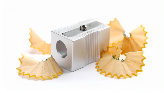A pencil sharpener with shavings beside it on a plain white background
