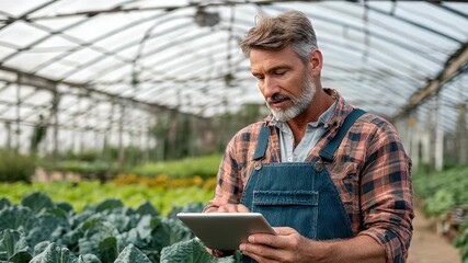 Farmer using tablet in greenhouse - Powered by Adobe