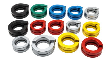 Colorful anodized metal rings shine on a black background, for engineering concepts, product listings, or 3D design integration.