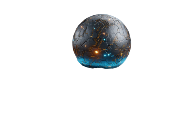 Metallic sphere, intricate design, glowing lights