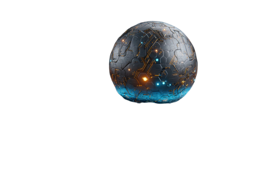 Metallic sphere, intricate design, glowing lights