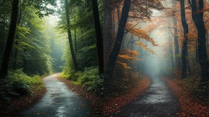 Naklejka premium Serene Forest Path: A Fork in the Road Through Lush Greenery and Autumn Hues