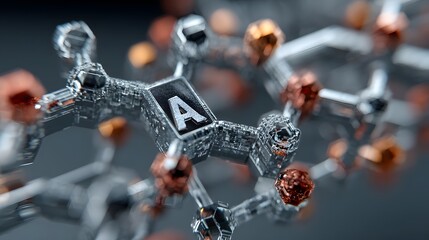 Abstract molecular structure with silver hexagons and floating particles
