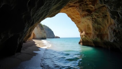 Coastal cave opening onto a tranquil ocean.