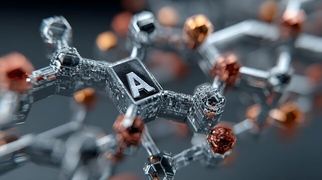 Abstract molecular structure with silver hexagons and floating particles - Powered by Adobe